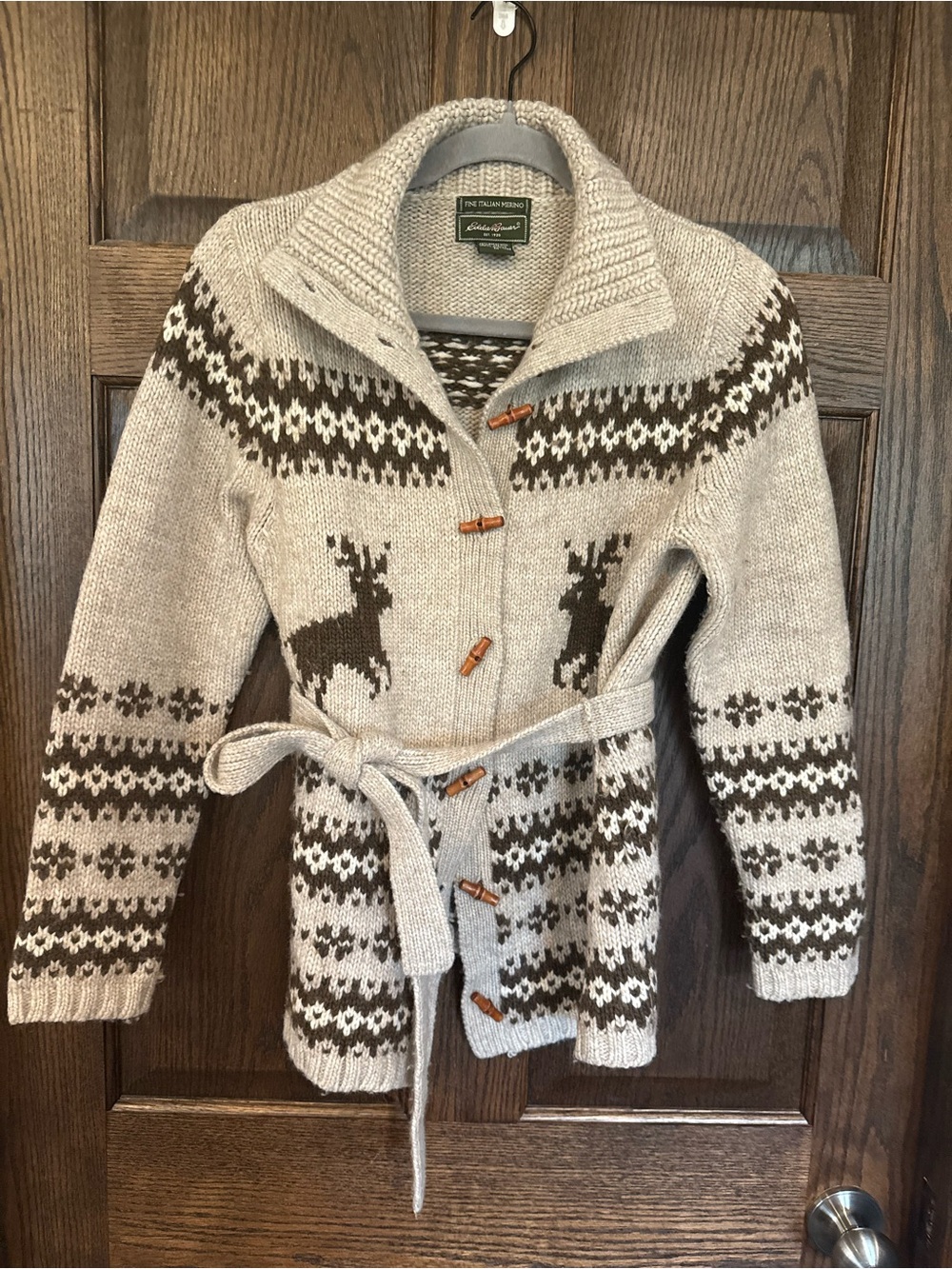 Vintage Eddie Bauer Wool Blend Belted Cardigan Reindeer Fair Isle Medium